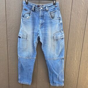 Vintage y2k FUBU Distressed Denim Cargo Jeans 34x34 Blue Cotton Baggy Loose Fit